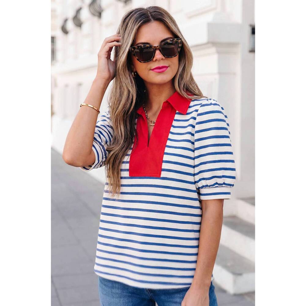 NEW AAPPARELLA stripe short puff sleeve collared blouse in blue